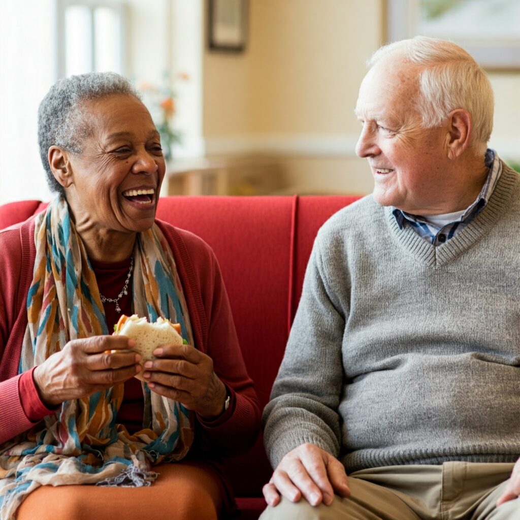 Residents laughing in shared lounges