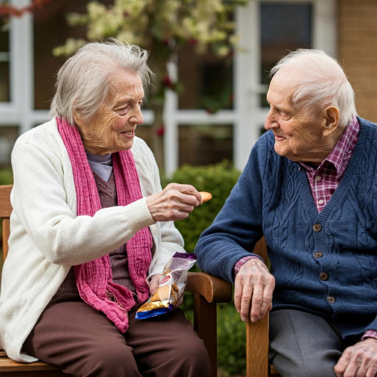 A resident offering a biscuit to a friend