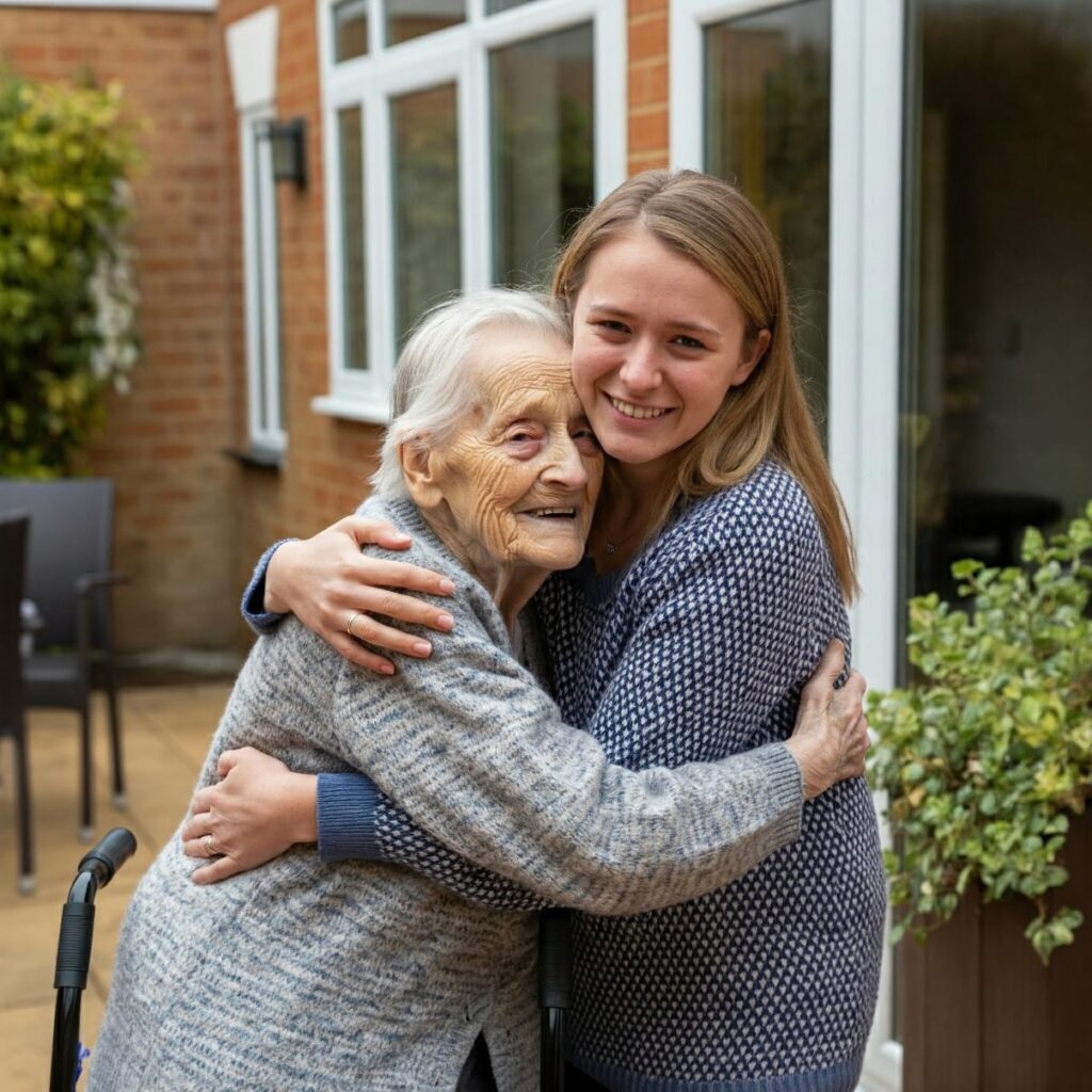 resident hugging family in garden
