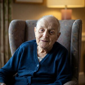 care resident sat on armchair in care home lounge