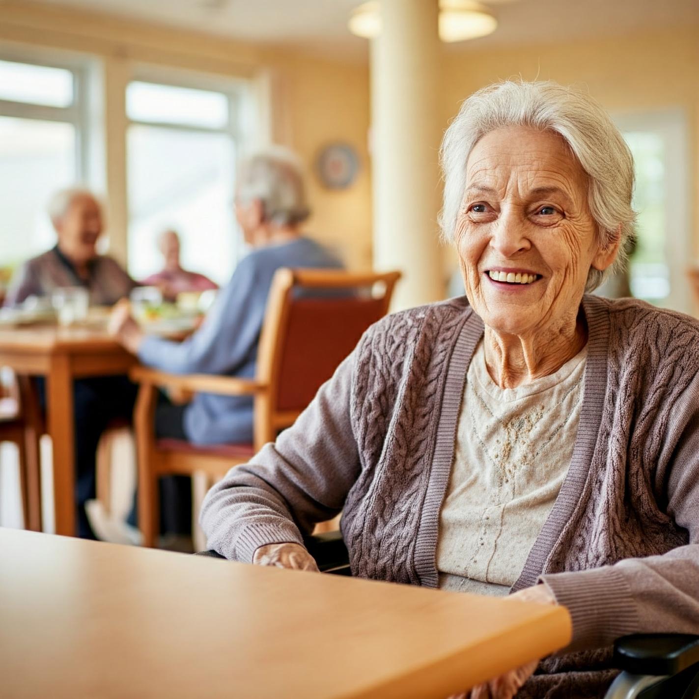 A smiling resident in the dining room