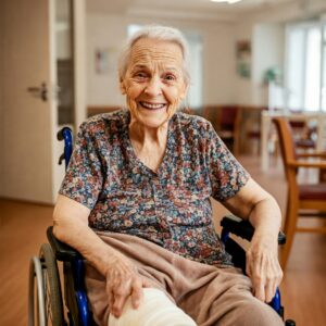 care resident with broken leg in care home in a wheelchair
