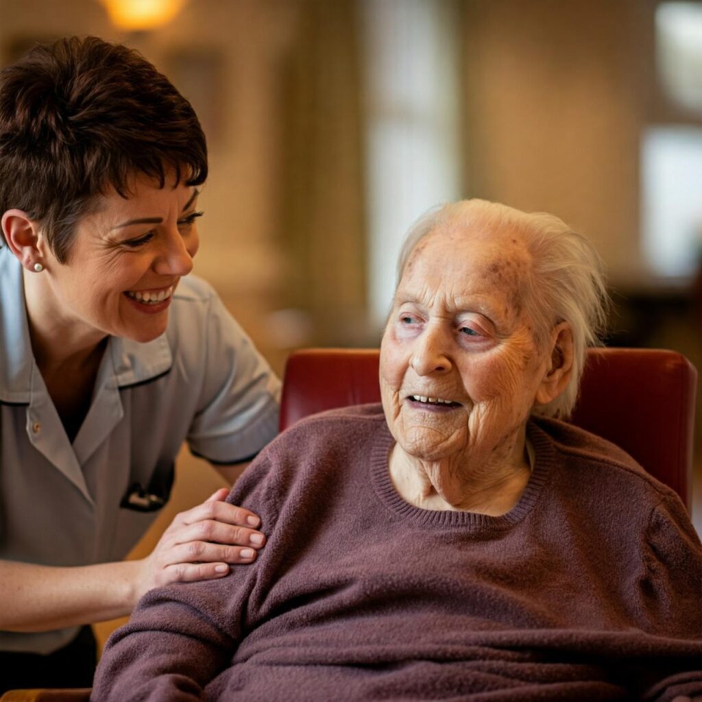 care resident and nurse laughing