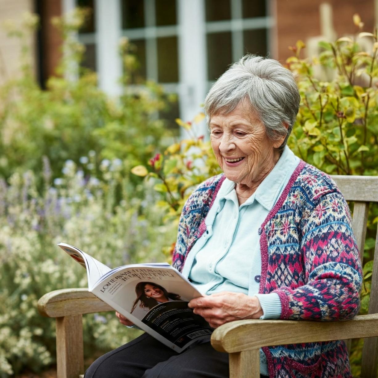 A resident reading a magazine in the garden