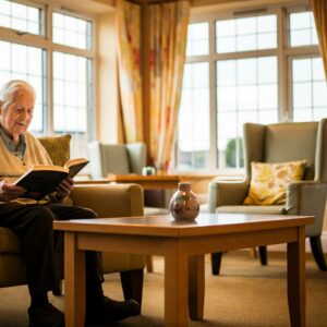 care resident reading in care home lounge