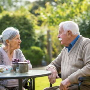 care residents chatting in garden