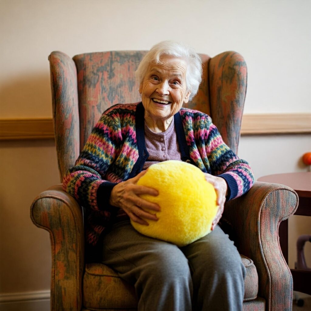 A happy resident sitting with a large fluffy ball