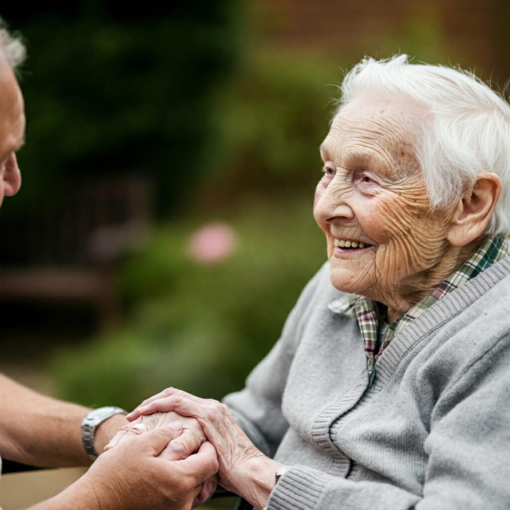 A smiling resident with carer holding hands