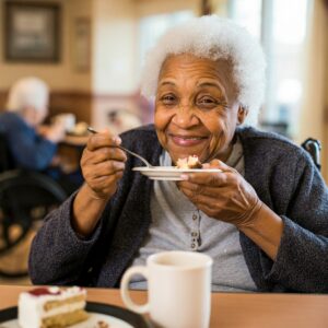 A resident eating cake with a cup of coffee smiling