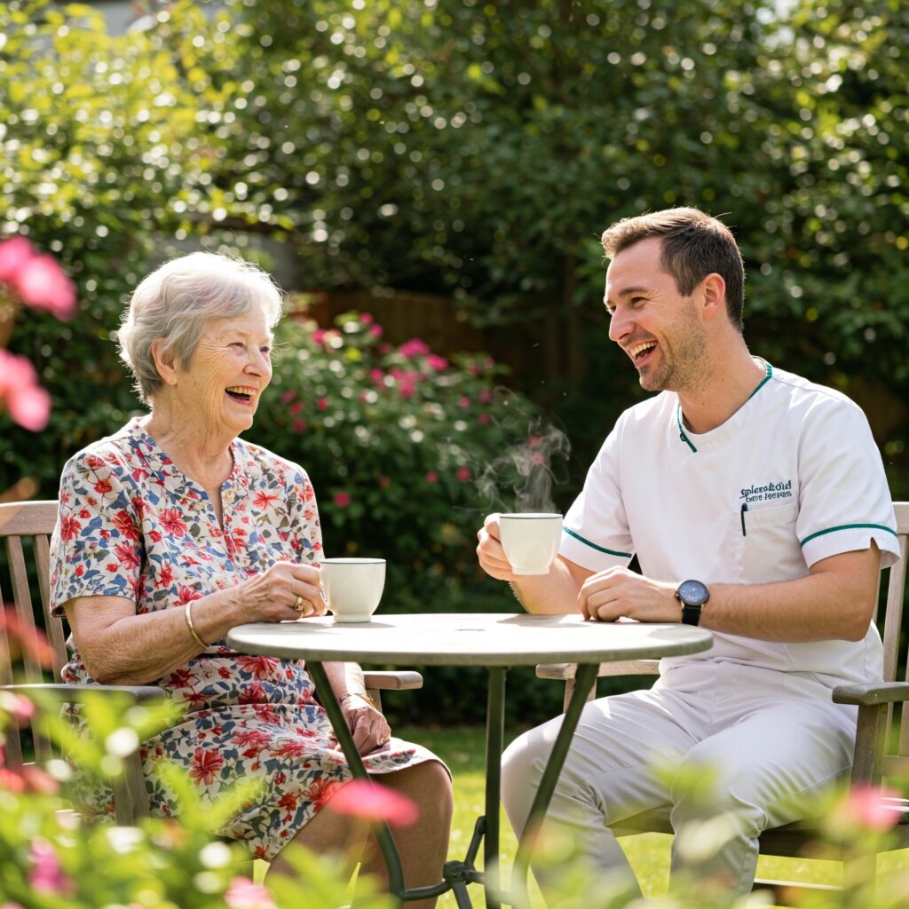 resident and career chatting in garden