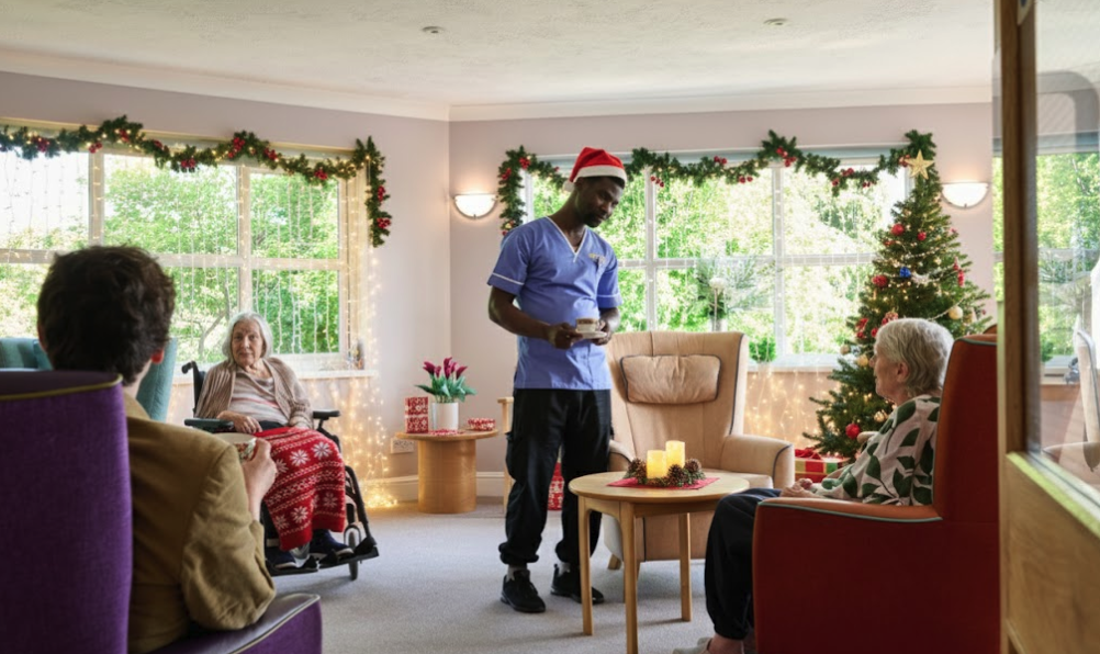 derwent lodge care home lounge decorated for christmas with a nurse serving residents